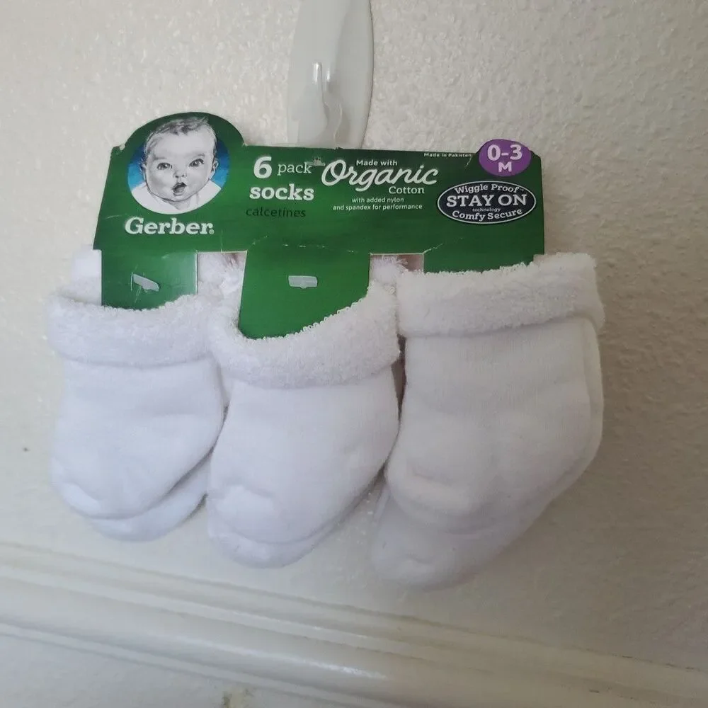 Gerber Baby White Socks Boys & Girls Plush 6 Pack Size 0-3 Months Organic Cotton